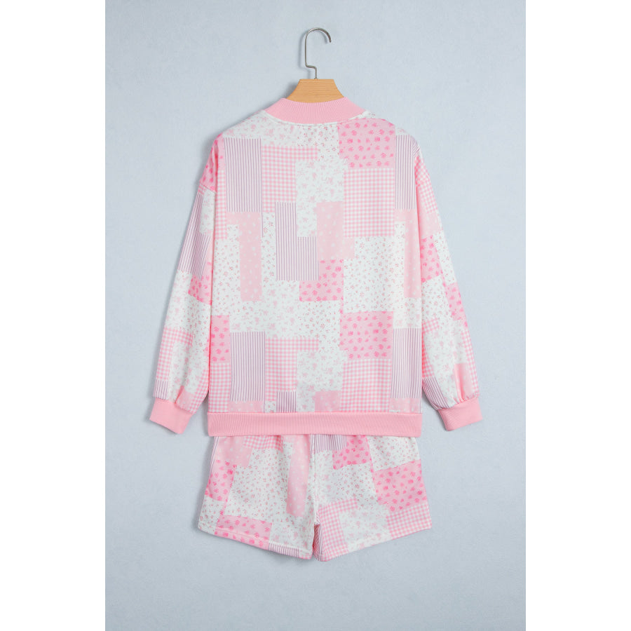 Light Pink Patchwork Floral Print Drop Shoulder Baggy Pullover Drawstring Shorts Set Two Piece Sets/Short Sets