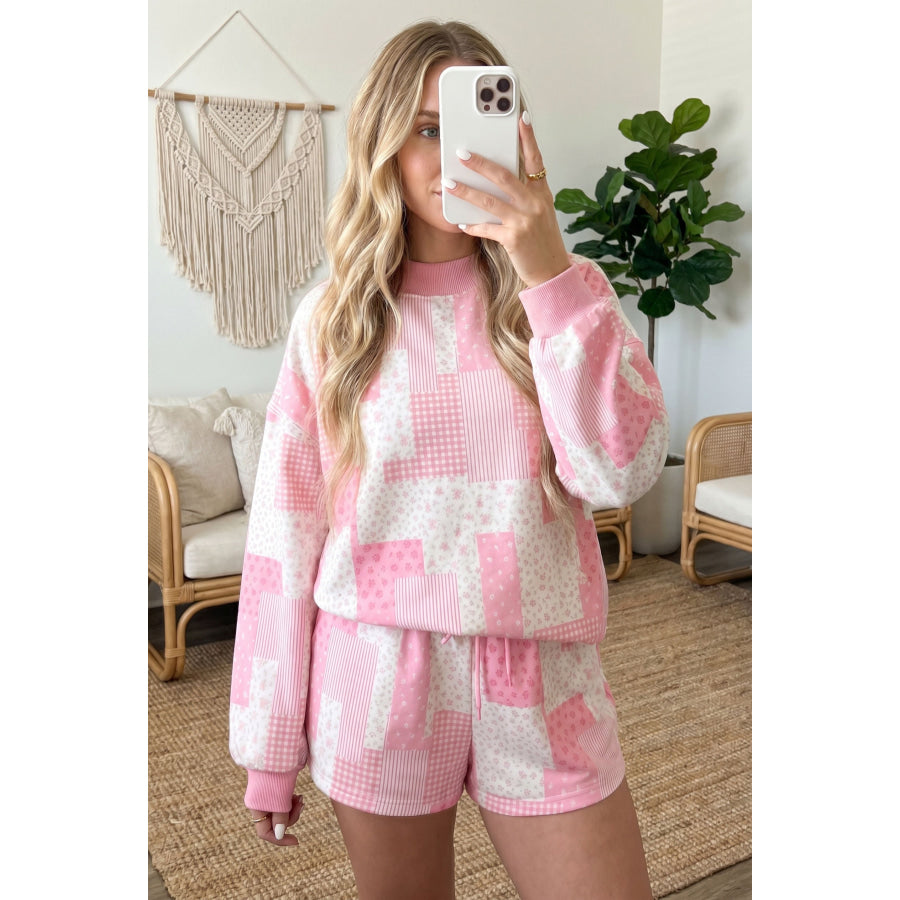 Light Pink Patchwork Floral Print Drop Shoulder Baggy Pullover Drawstring Shorts Set Two Piece Sets/Short Sets