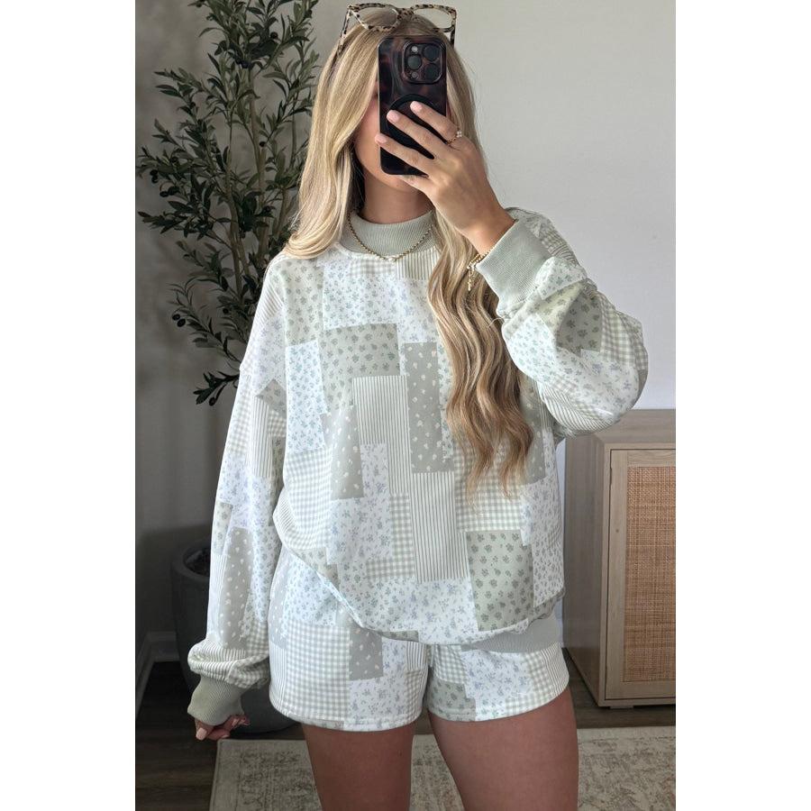 Light Pink Patchwork Floral Print Drop Shoulder Baggy Pullover Drawstring Shorts Set Two Piece Sets/Short Sets