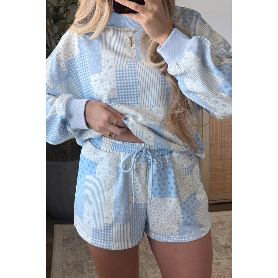 Light Pink Patchwork Floral Print Drop Shoulder Baggy Pullover Drawstring Shorts Set Two Piece Sets/Short Sets