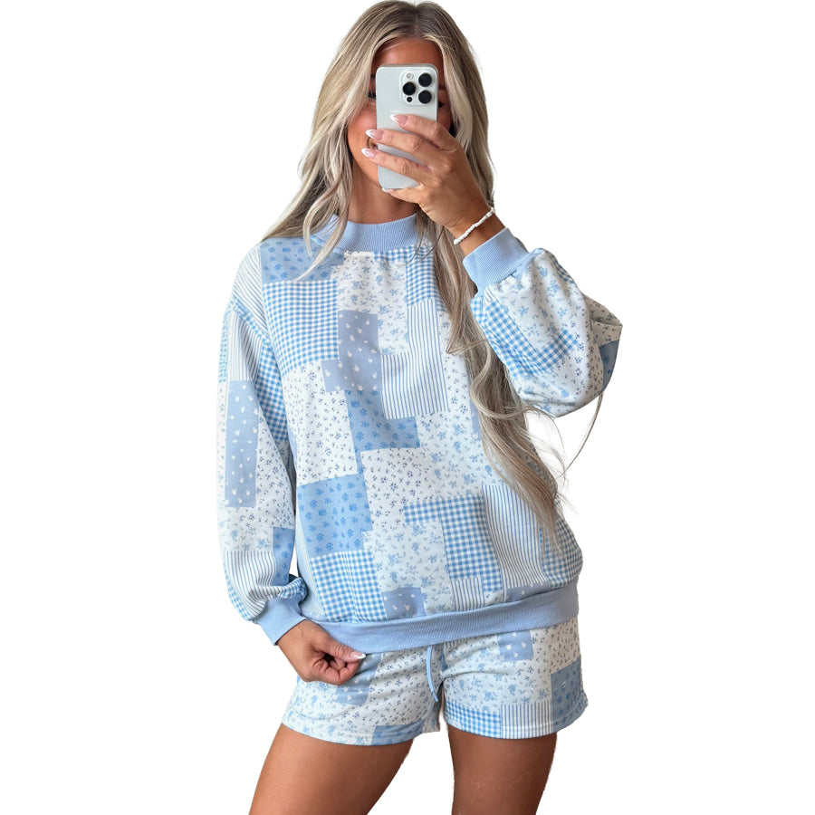 Light Pink Patchwork Floral Print Drop Shoulder Baggy Pullover Drawstring Shorts Set Two Piece Sets/Short Sets