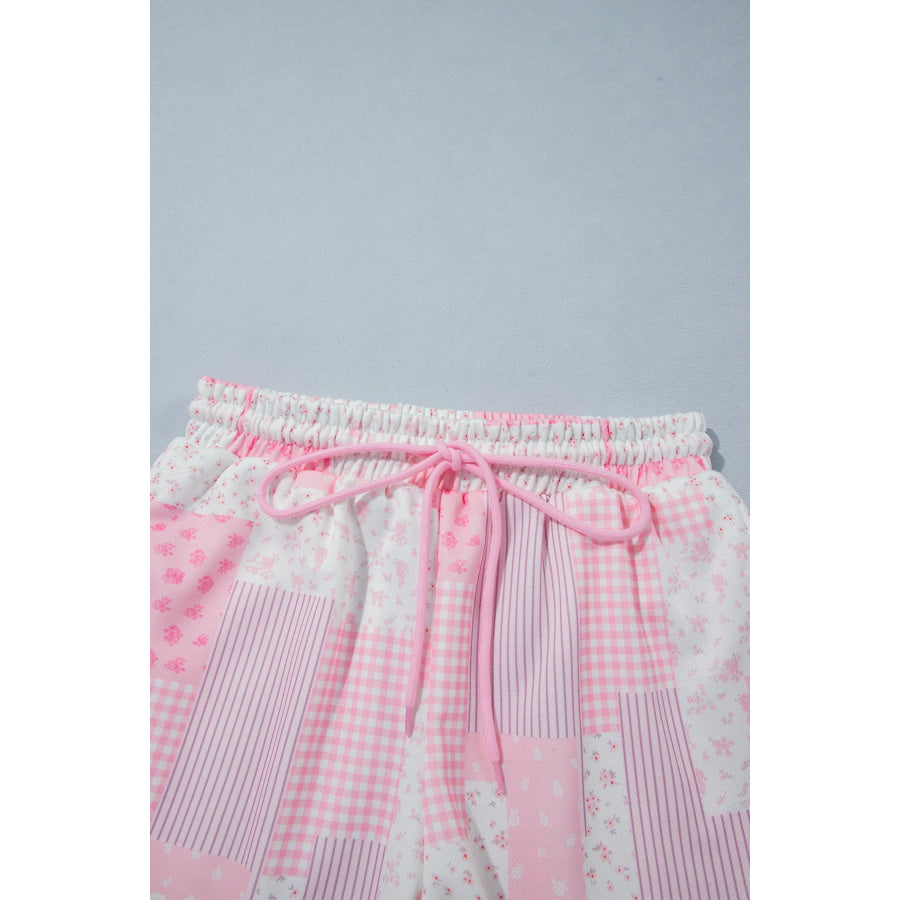 Light Pink Patchwork Floral Print Drop Shoulder Baggy Pullover Drawstring Shorts Set Two Piece Sets/Short Sets