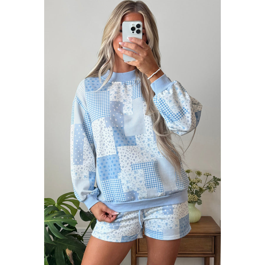 Light Pink Patchwork Floral Print Drop Shoulder Baggy Pullover Drawstring Shorts Set Two Piece Sets/Short Sets
