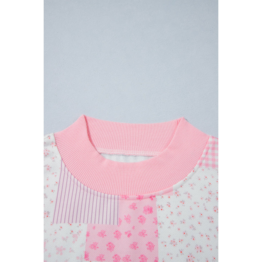 Light Pink Patchwork Floral Print Drop Shoulder Baggy Pullover Drawstring Shorts Set Two Piece Sets/Short Sets