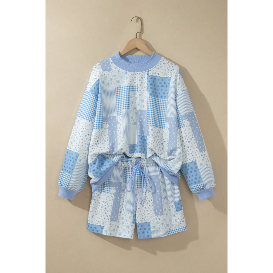 Light Pink Patchwork Floral Print Drop Shoulder Baggy Pullover Drawstring Shorts Set Two Piece Sets/Short Sets