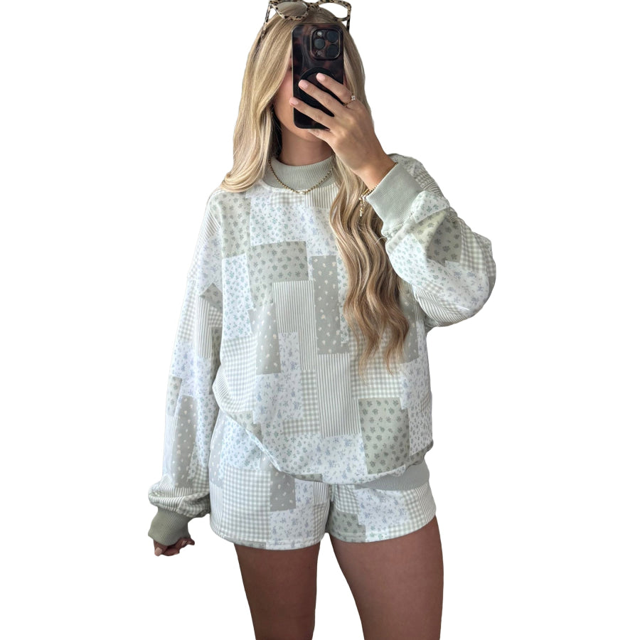 Light Pink Patchwork Floral Print Drop Shoulder Baggy Pullover Drawstring Shorts Set Two Piece Sets/Short Sets