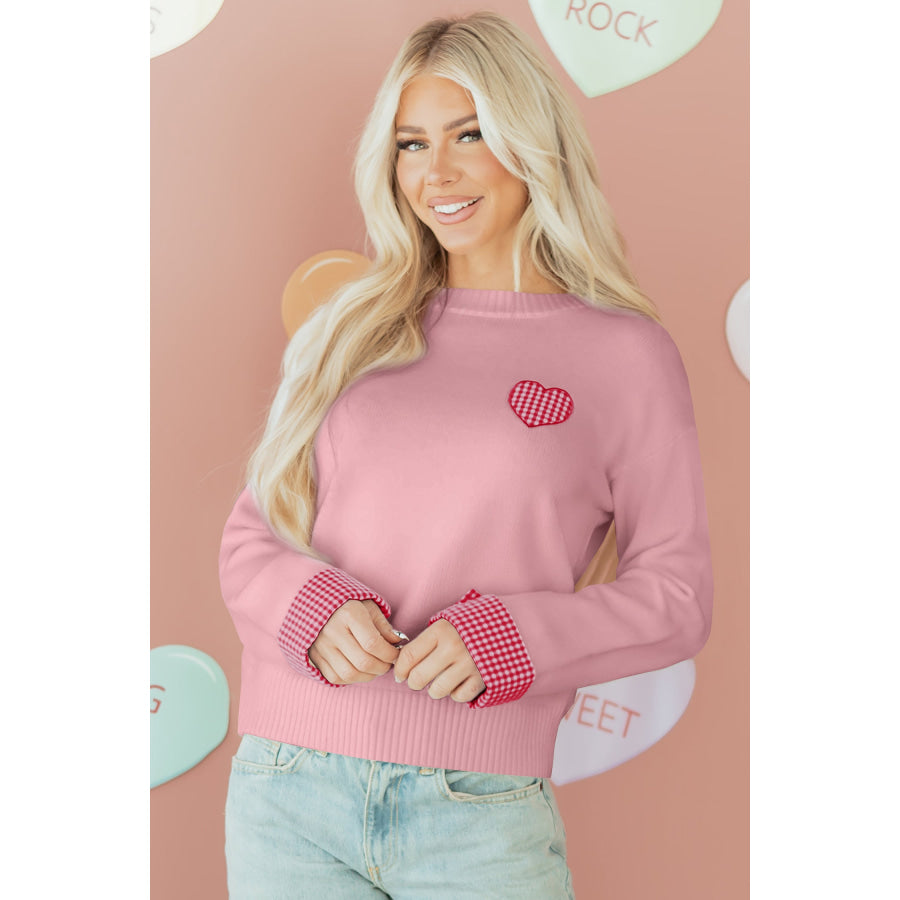 Light Pink Plaid Heart Embroidered Cuffed Drop Shoulder Crew Neck Sweater Light Pink / S / 50% Acrylic + 27% Polyester + 23% Polyamide