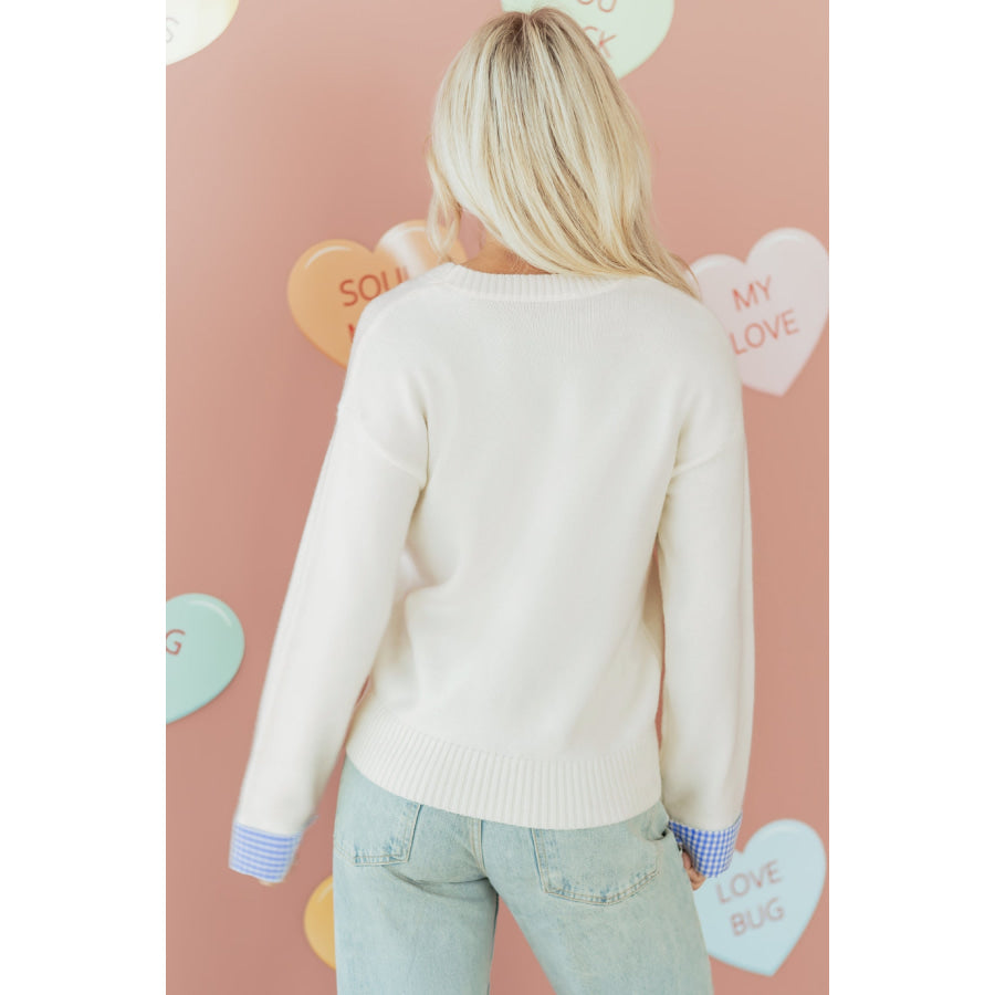 Light Pink Plaid Heart Embroidered Cuffed Drop Shoulder Crew Neck Sweater Sweaters & Cardigans/Sweaters