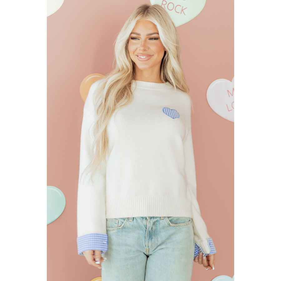 Light Pink Plaid Heart Embroidered Cuffed Drop Shoulder Crew Neck Sweater Sweaters & Cardigans/Sweaters