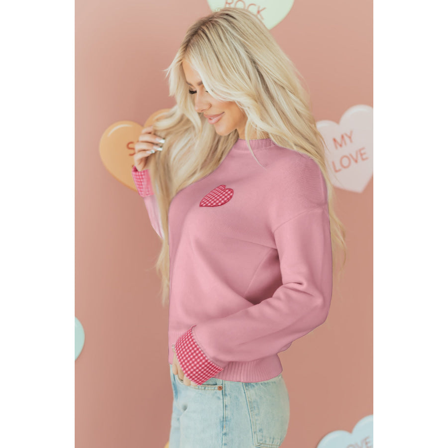 Light Pink Plaid Heart Embroidered Cuffed Drop Shoulder Crew Neck Sweater Sweaters & Cardigans/Sweaters