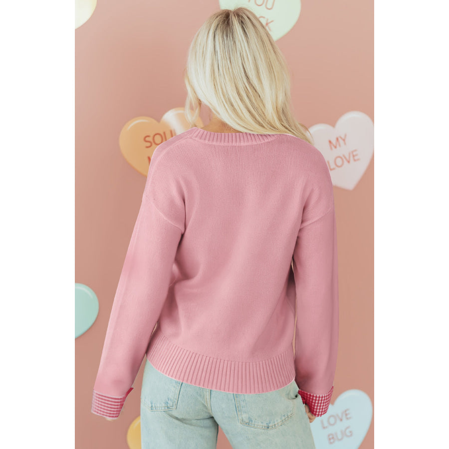 Light Pink Plaid Heart Embroidered Cuffed Drop Shoulder Crew Neck Sweater Light Pink / S / 50% Acrylic + 27% Polyester + 23% Polyamide