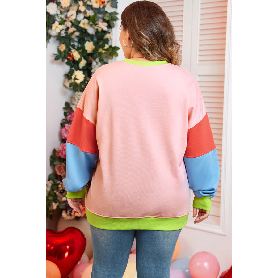 Light Pink Plus Size Colorblock Patchwork Crew Neck Sweatshirt Light Pink / 1X / 70% Polyester + 30% Cotton Sale (50% OFF)/Sale (50% OFF)
