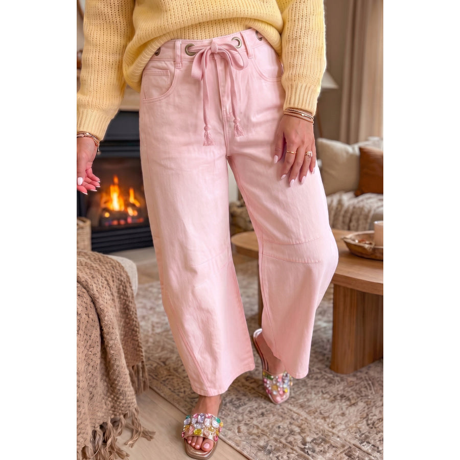 Light Pink Solid Color Grommet Detail Knot Waist Barrel Jeans Light Pink / 4 Bottoms/Jeans