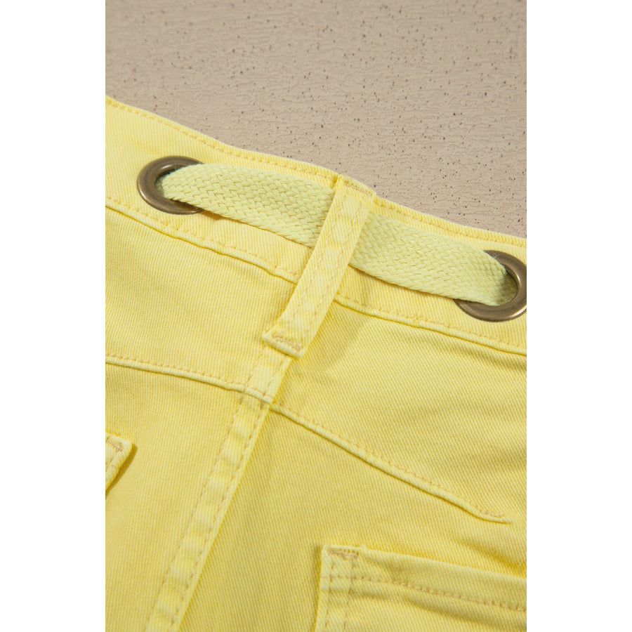 Light Pink Solid Color Grommet Detail Knot Waist Barrel Jeans Bottoms/Jeans