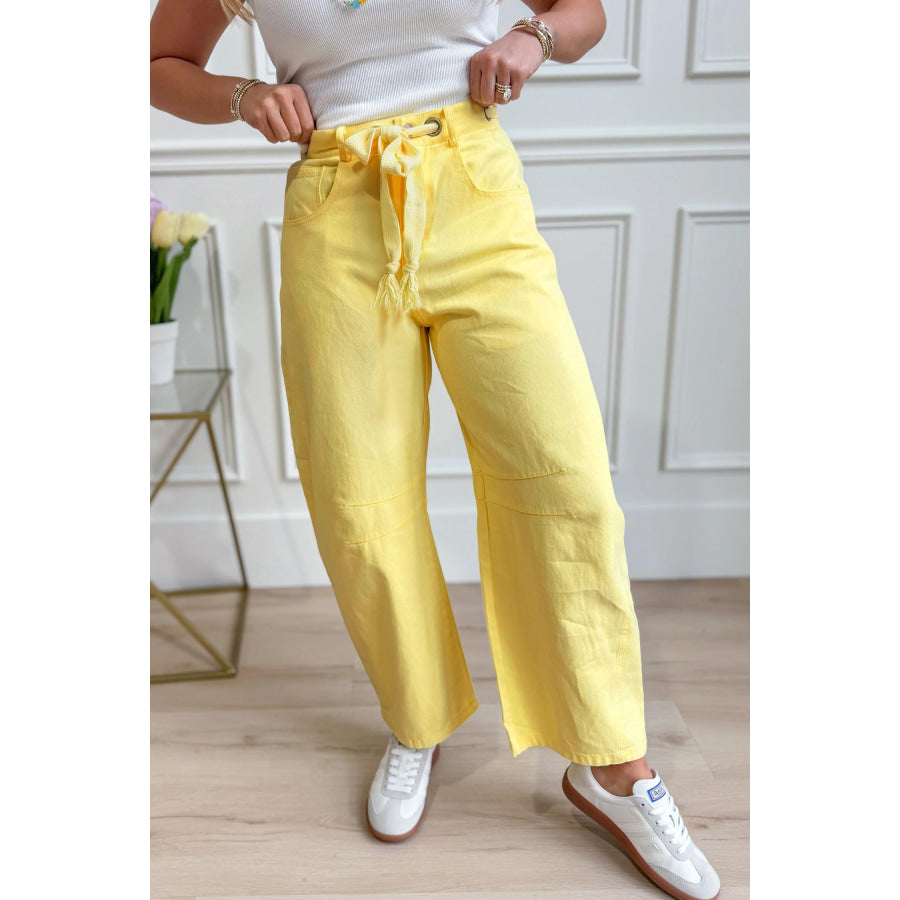 Light Pink Solid Color Grommet Detail Knot Waist Barrel Jeans Bottoms/Jeans