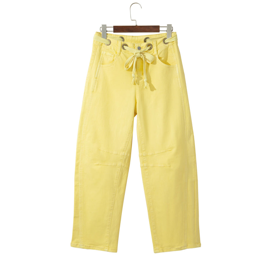 Light Pink Solid Color Grommet Detail Knot Waist Barrel Jeans Bottoms/Jeans