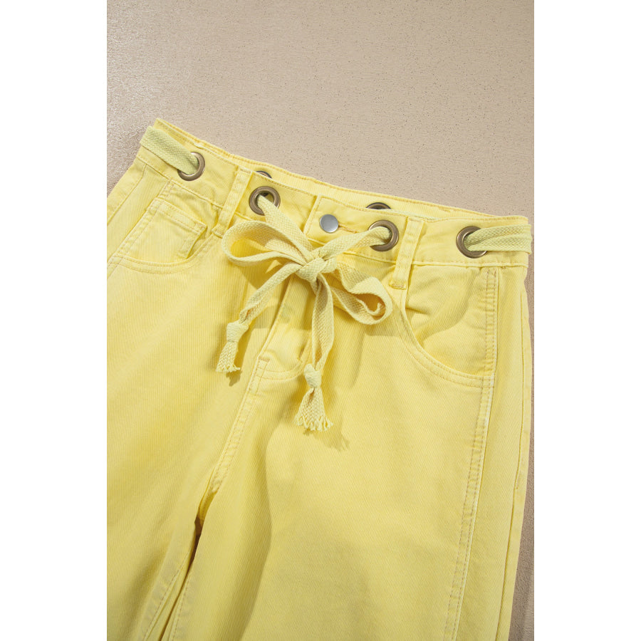 Light Pink Solid Color Grommet Detail Knot Waist Barrel Jeans Bottoms/Jeans