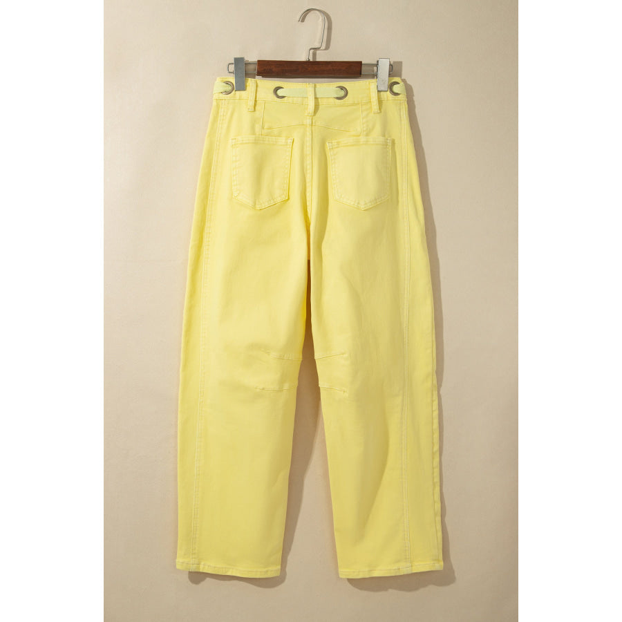 Light Pink Solid Color Grommet Detail Knot Waist Barrel Jeans Bottoms/Jeans