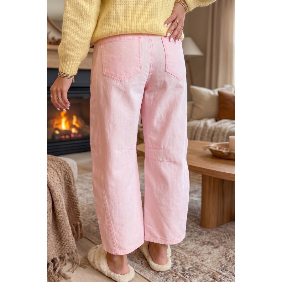Light Pink Solid Color Grommet Detail Knot Waist Barrel Jeans Light Pink / 4 Bottoms/Jeans