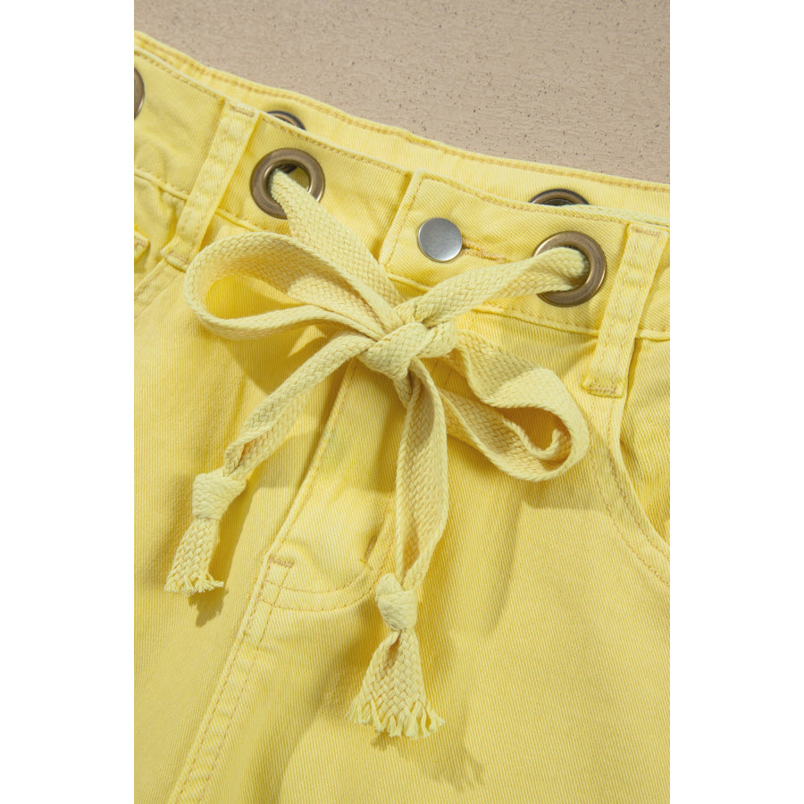 Light Pink Solid Color Grommet Detail Knot Waist Barrel Jeans Bottoms/Jeans