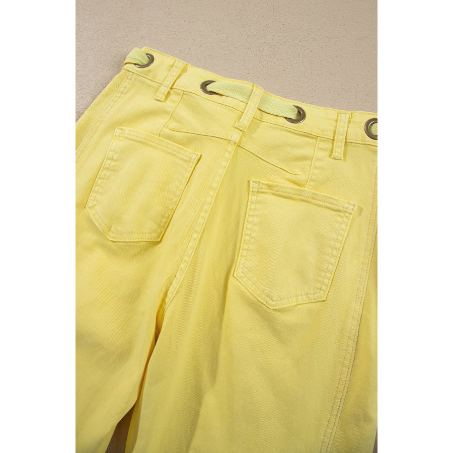 Light Pink Solid Color Grommet Detail Knot Waist Barrel Jeans Bottoms/Jeans