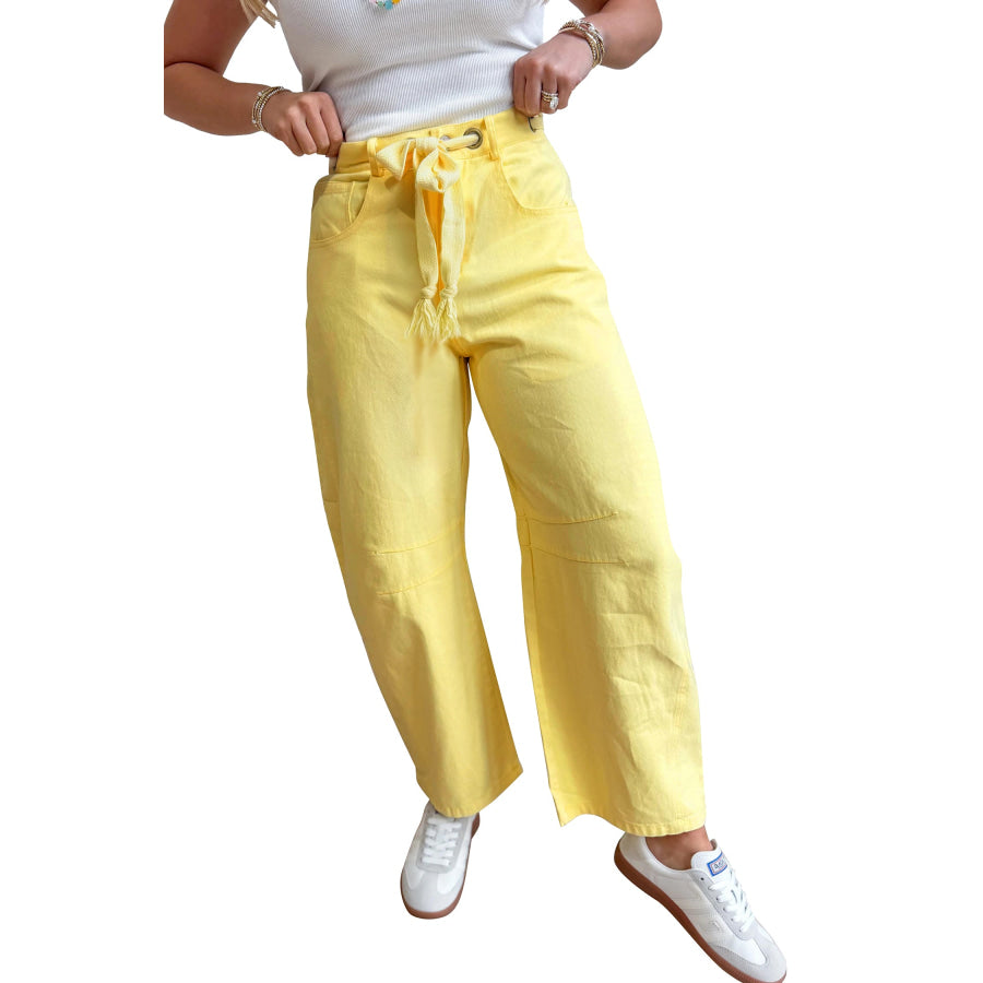 Light Pink Solid Color Grommet Detail Knot Waist Barrel Jeans Bottoms/Jeans