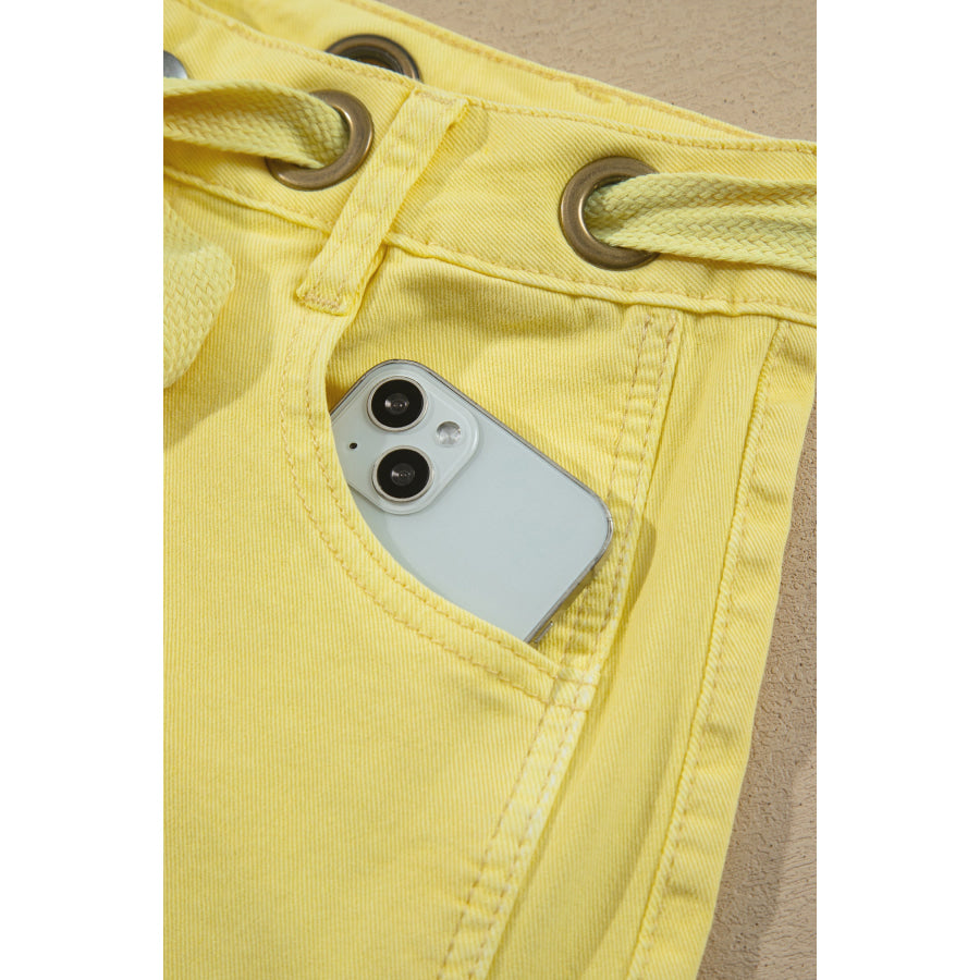 Light Pink Solid Color Grommet Detail Knot Waist Barrel Jeans Bottoms/Jeans