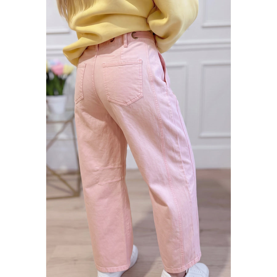 Light Pink Solid Color Grommet Detail Knot Waist Barrel Jeans Bottoms/Jeans