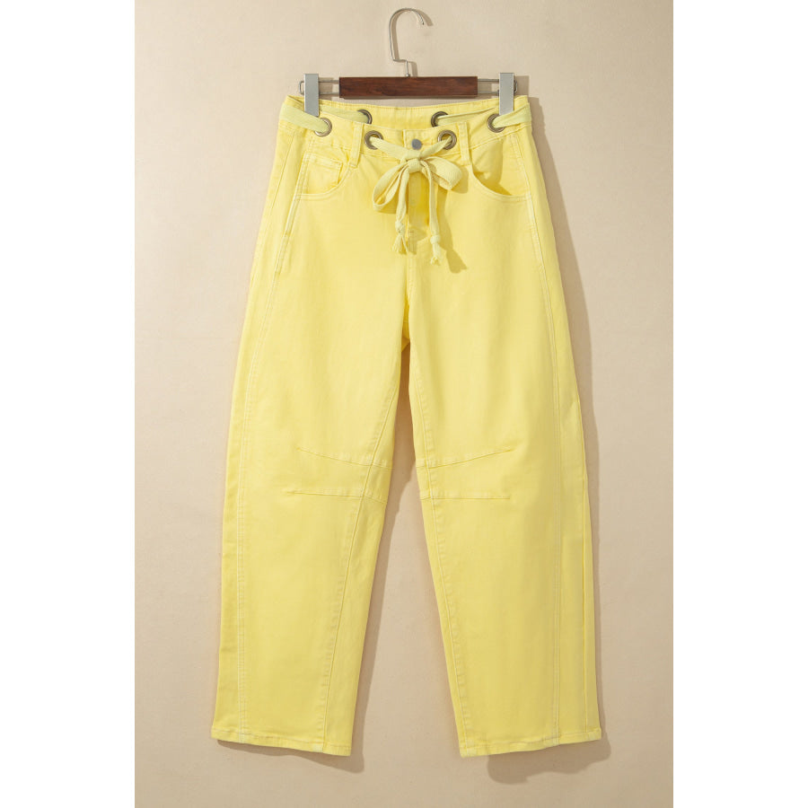 Light Pink Solid Color Grommet Detail Knot Waist Barrel Jeans Bottoms/Jeans
