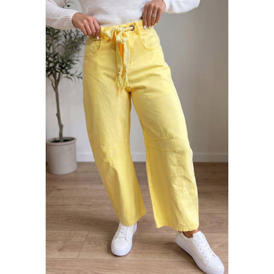 Light Pink Solid Color Grommet Detail Knot Waist Barrel Jeans Yellow / 4 Bottoms/Jeans