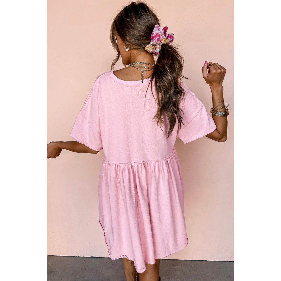 Light Pink Solid Color Pocketed Raw Edge Babydoll Dress Dresses/Mini Dresses