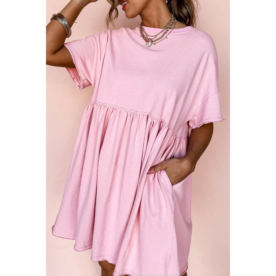 Light Pink Solid Color Pocketed Raw Edge Babydoll Dress Light Pink / S / 62% Polyester + 32% Cotton + 6% Elastane Dresses/Mini Dresses