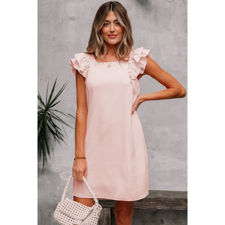 Light Pink Textured Flutter Sleeve Square Neck Bow Back Mini Dress Light Pink / S / 95% Polyester + 5% Elastane Dresses/Mini Dresses