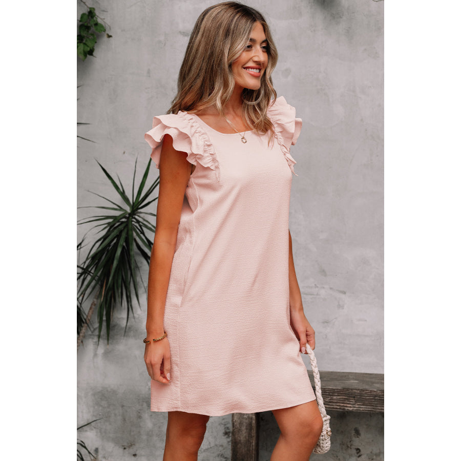 Light Pink Textured Flutter Sleeve Square Neck Bow Back Mini Dress Dresses/Mini Dresses