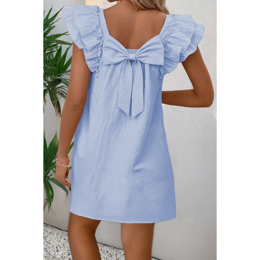Light Pink Textured Flutter Sleeve Square Neck Bow Back Mini Dress Dresses/Mini Dresses