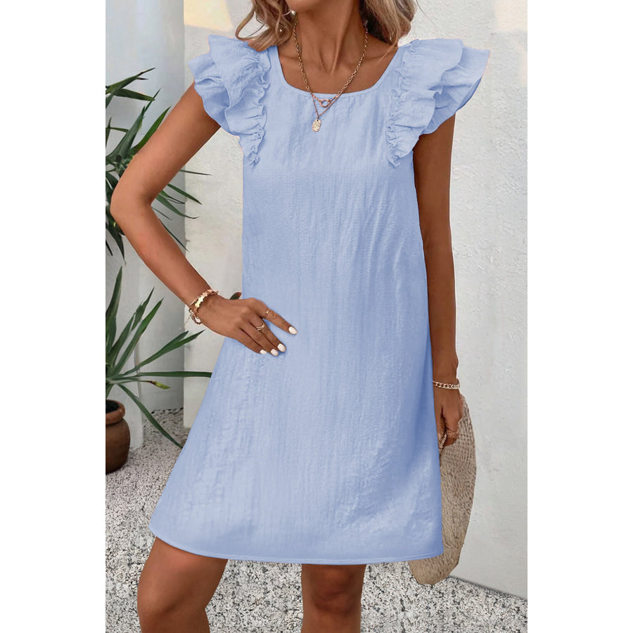 Light Pink Textured Flutter Sleeve Square Neck Bow Back Mini Dress Dresses/Mini Dresses