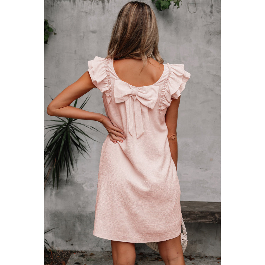 Light Pink Textured Flutter Sleeve Square Neck Bow Back Mini Dress Light Pink / S / 95% Polyester + 5% Elastane Dresses/Mini Dresses
