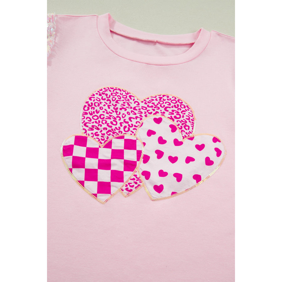 Light Pink Three Sweet Hearts Printed Sequin Trim Contrast Sleeve Patchwork Tee Tops/Tops & Tees
