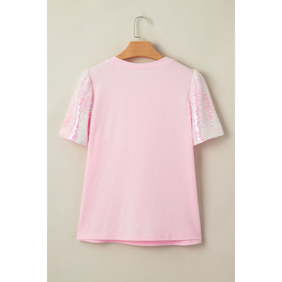 Light Pink Three Sweet Hearts Printed Sequin Trim Contrast Sleeve Patchwork Tee Tops/Tops & Tees
