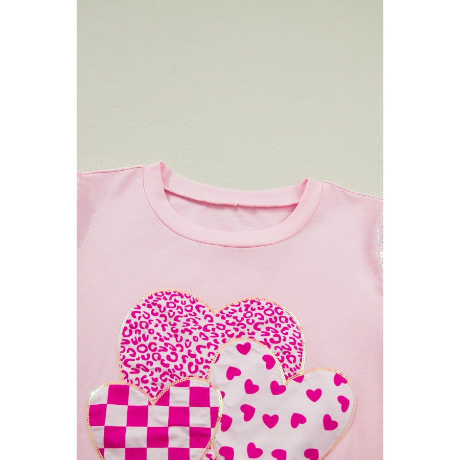Light Pink Three Sweet Hearts Printed Sequin Trim Contrast Sleeve Patchwork Tee Tops/Tops & Tees
