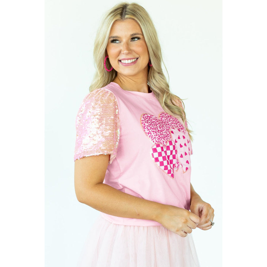 Light Pink Three Sweet Hearts Printed Sequin Trim Contrast Sleeve Patchwork Tee Tops/Tops & Tees