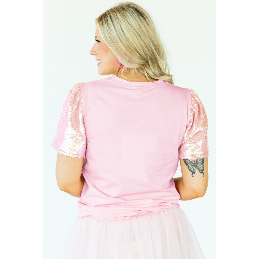 Light Pink Three Sweet Hearts Printed Sequin Trim Contrast Sleeve Patchwork Tee Tops/Tops & Tees