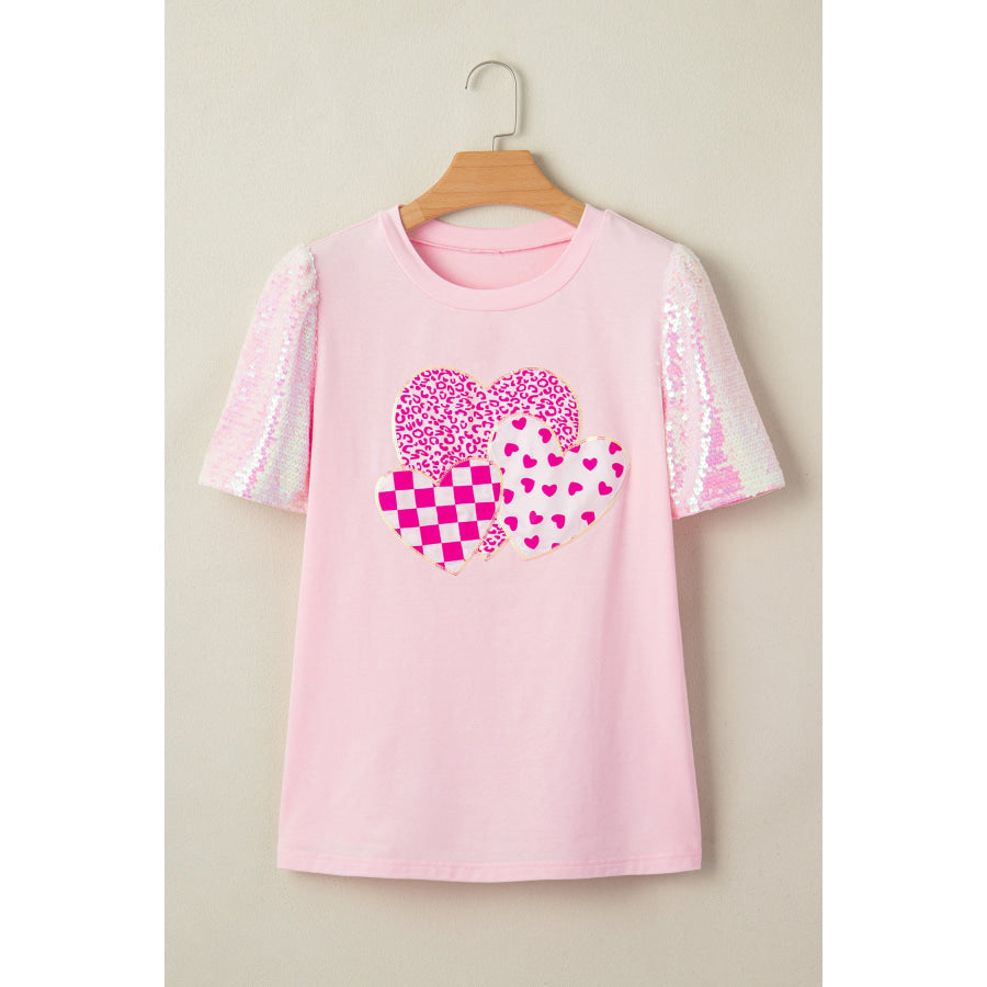 Light Pink Three Sweet Hearts Printed Sequin Trim Contrast Sleeve Patchwork Tee Tops/Tops & Tees