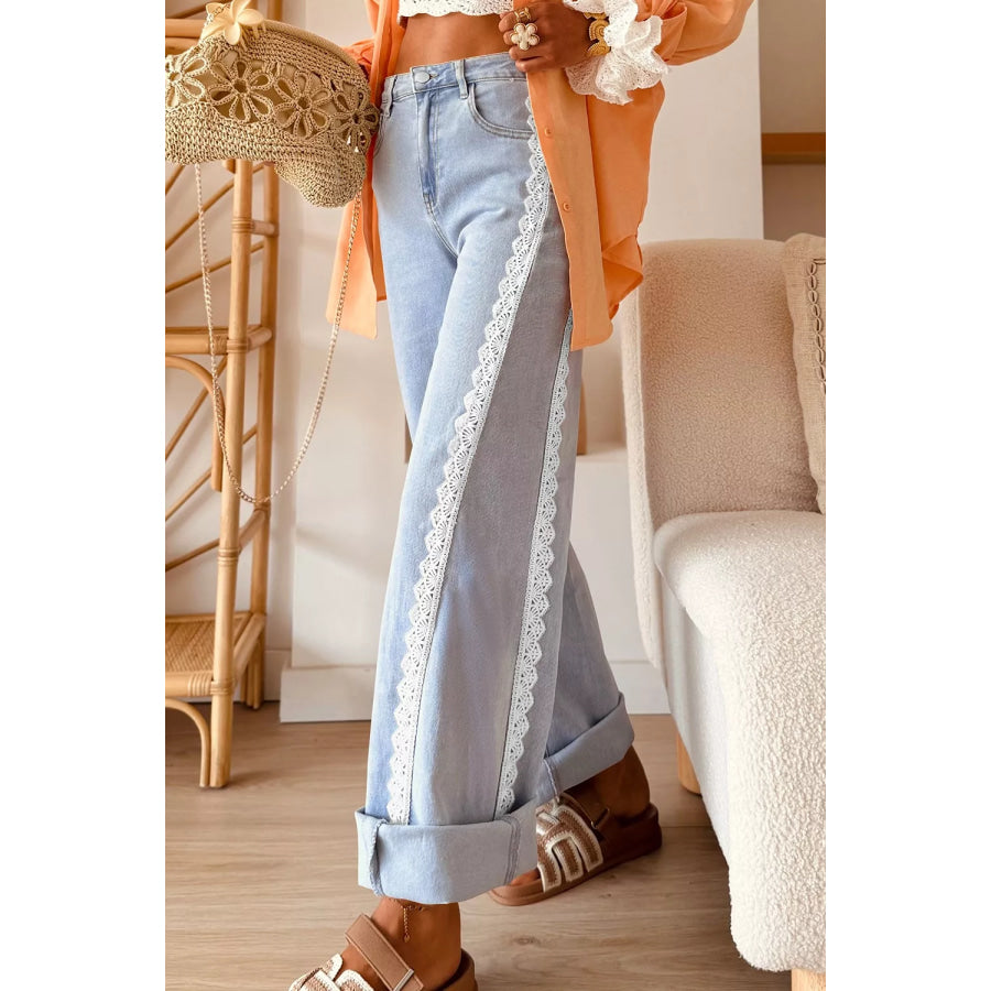 Light Wash Lace Trim Wide Leg Jeans Light Blue / 4 Apparel and Accessories