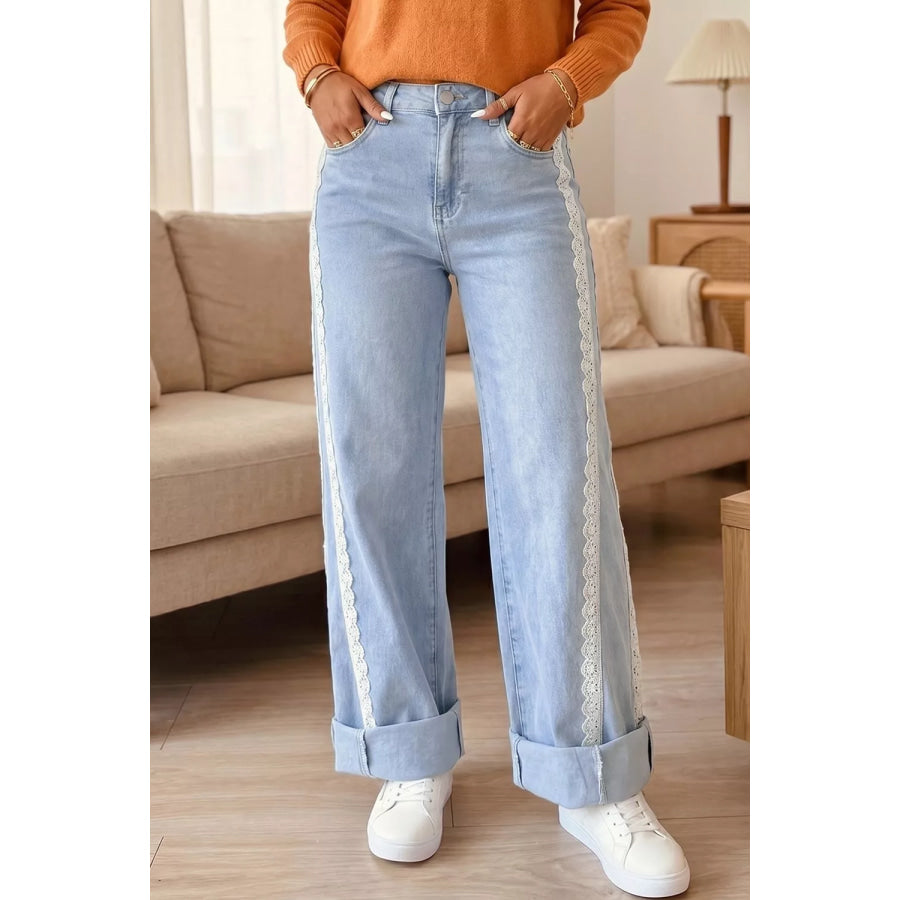Light Wash Lace Trim Wide Leg Jeans Light Blue / 4 Apparel and Accessories
