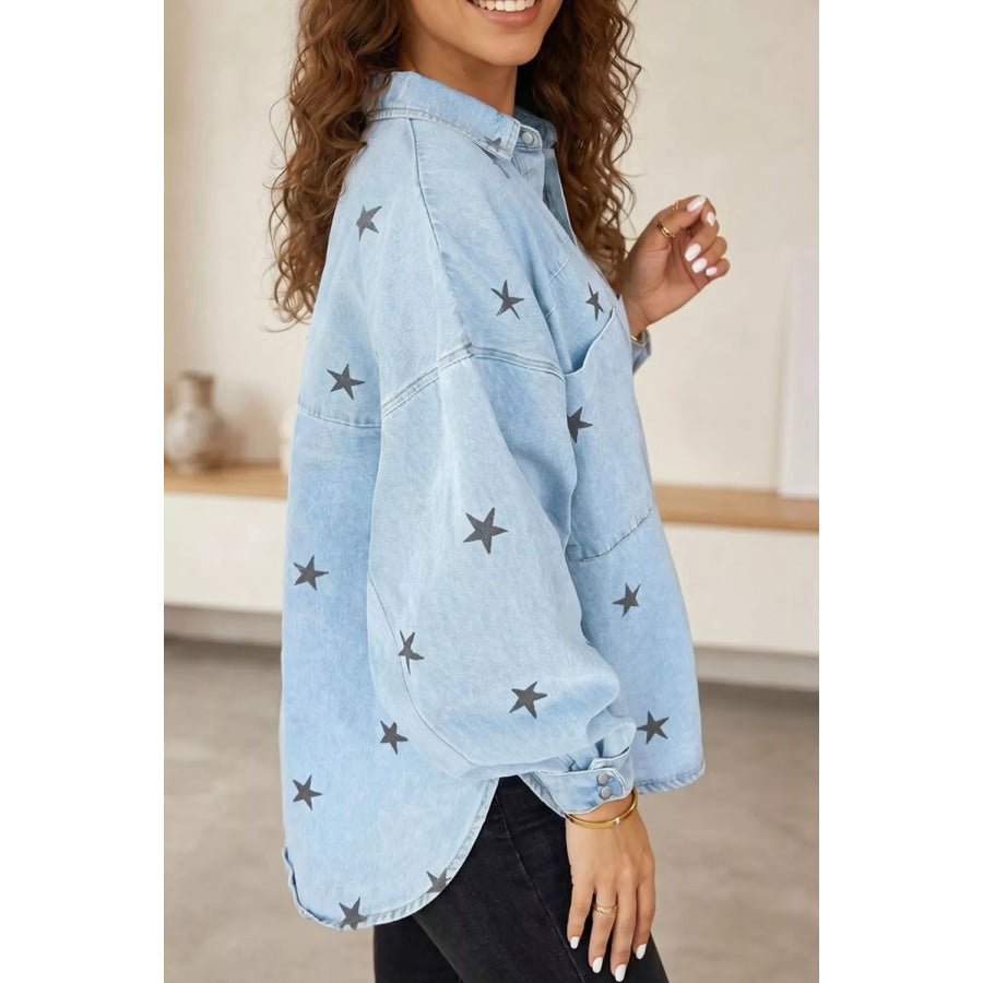 Light Wash Star Print Denim Jacket Apparel and Accessories