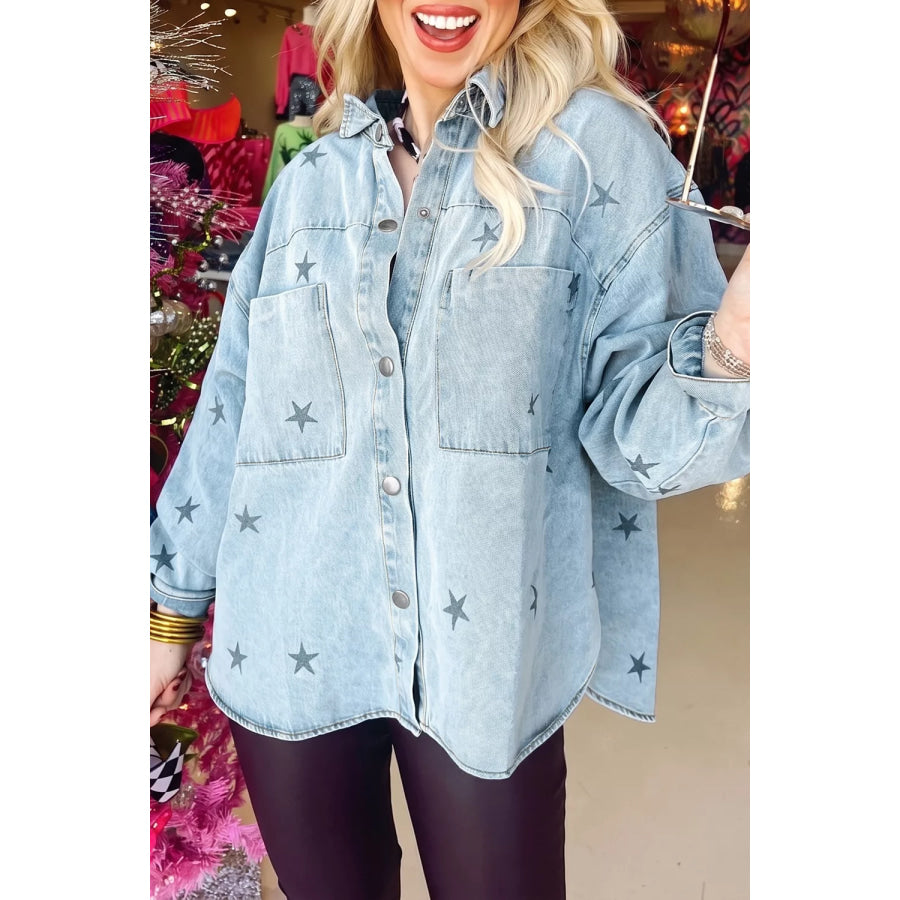 Light Wash Star Print Denim Jacket Apparel and Accessories