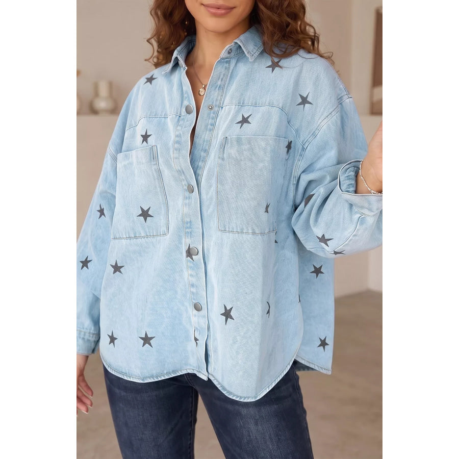 Light Wash Star Print Denim Jacket Light Blue / S Apparel and Accessories