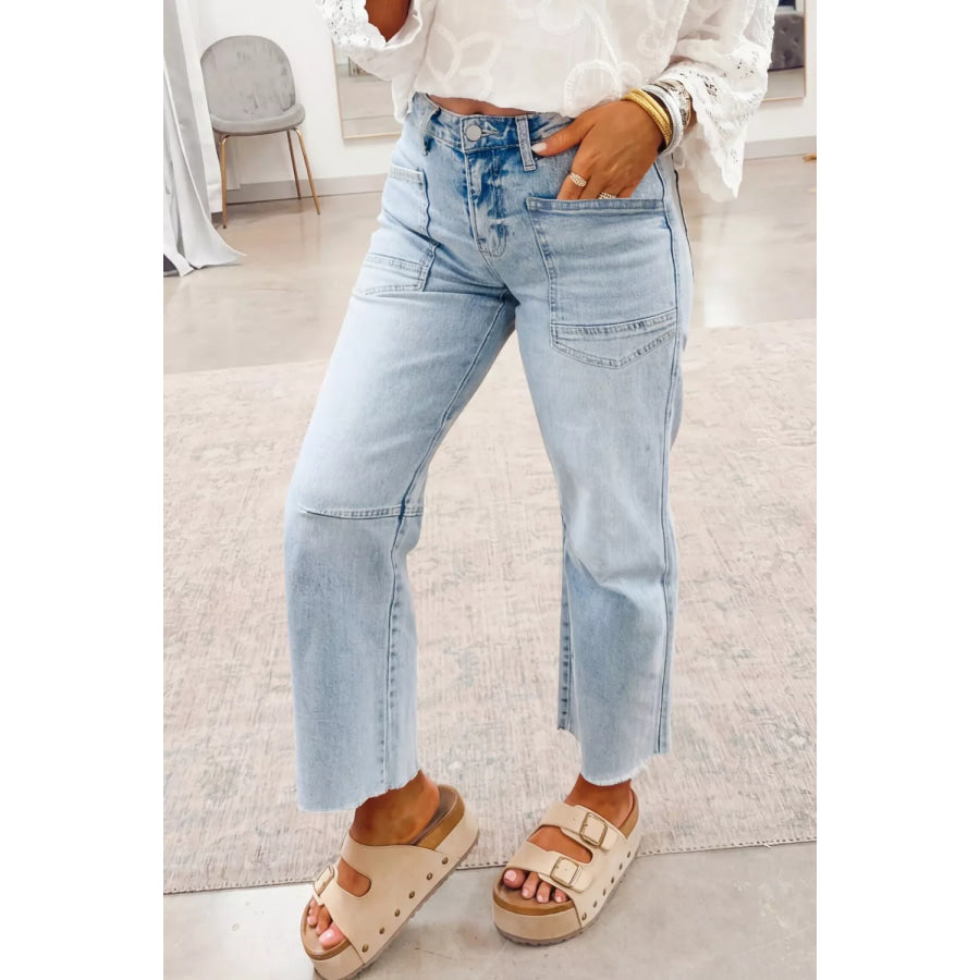 Light Wash Utility Pocket Straight Leg Jeans Light Blue / 4 Apparel and Accessories