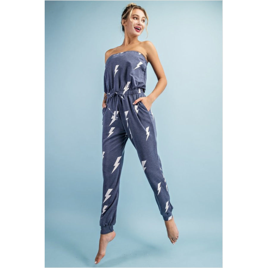 NEW! Lightning Bolt Print Jumpsuit with Drawstring Cinched Waist and Pockets Jumpsuit